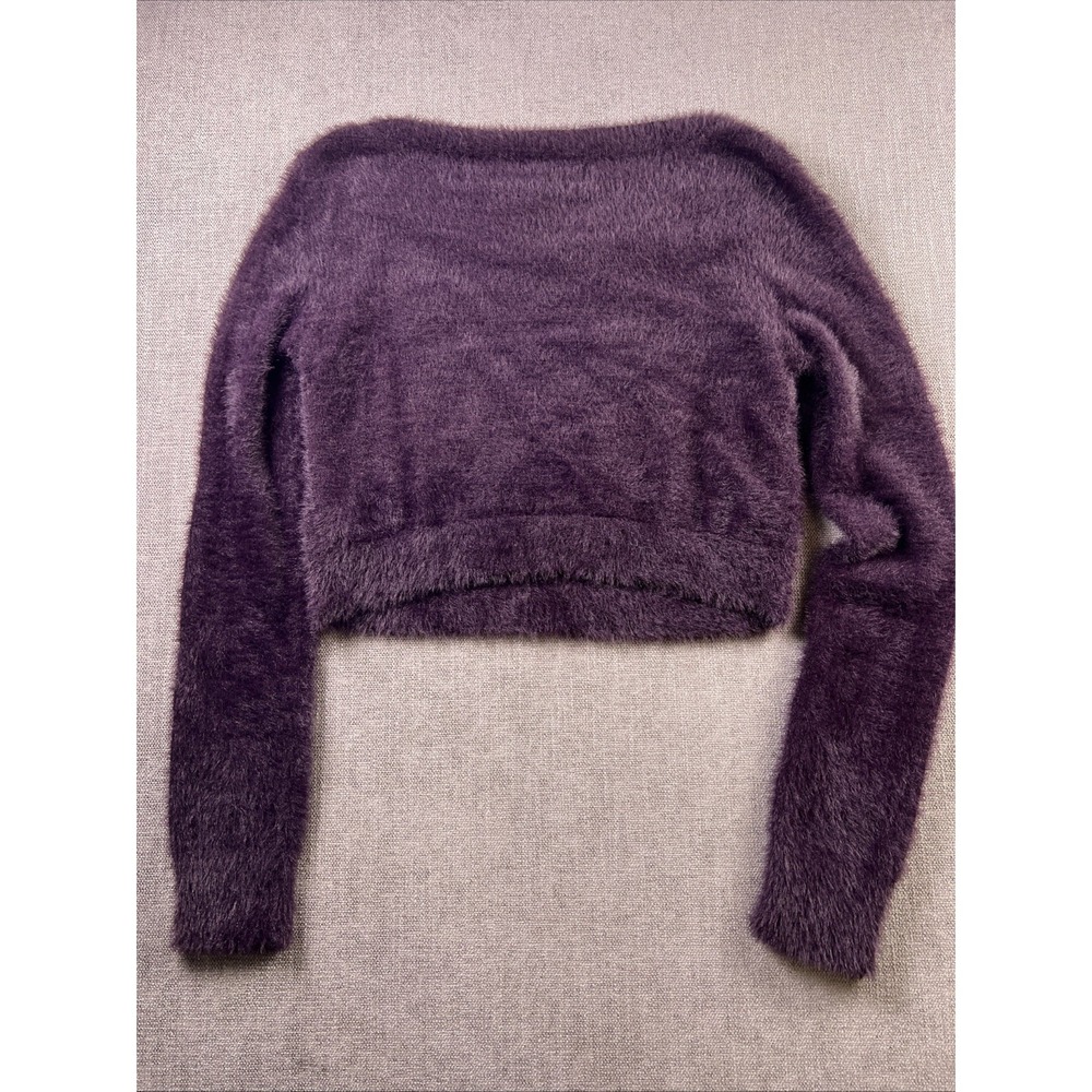Natural Life Fuzzy Cropped Sweater‎ Boat Neck Long Sleeve Womens L Plum Purple - Picture 9 of 11